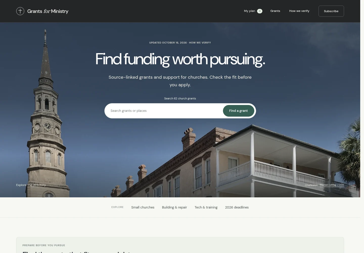 Grants for Ministry homepage, with a church photograph and its funding search